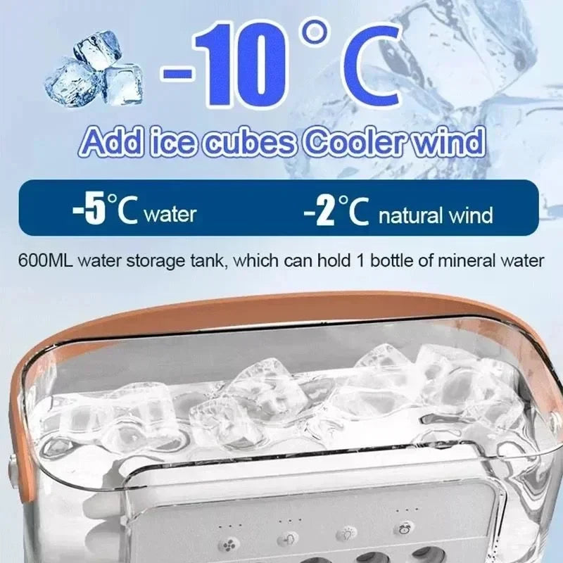 Ice cube cooler with text indicating temperature settings and water storage capacity.