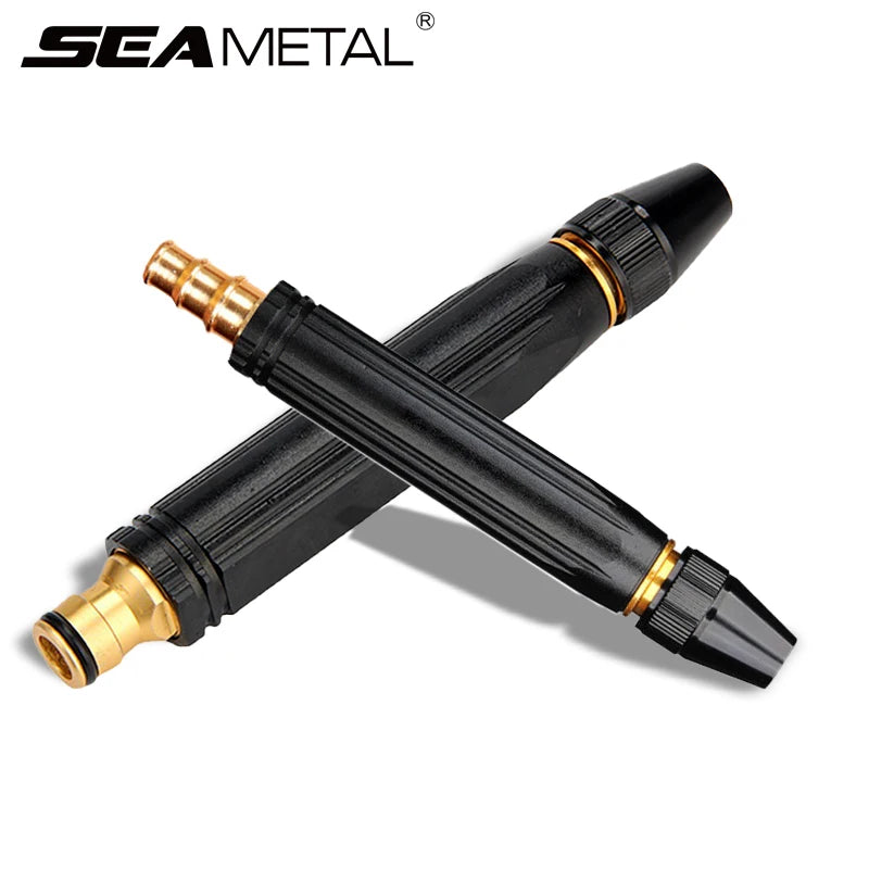 Two black and gold high-pressure washer nozzles on a white background with 'Sea Metal' branding.