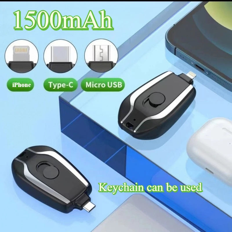 Keychain device with charging ports for iPhone, Type-C, and Micro USB on a blue background.