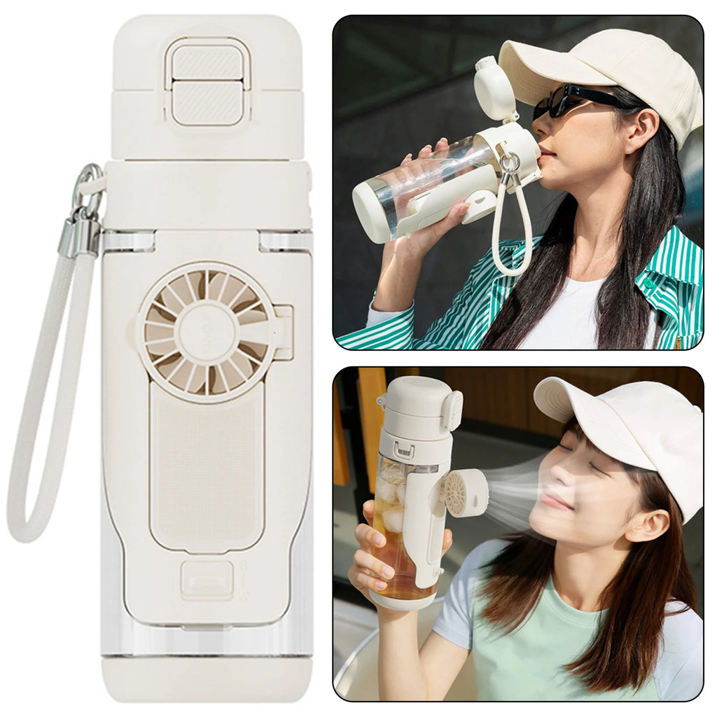Collage of a white water bottle with fan attachment and a woman using it.