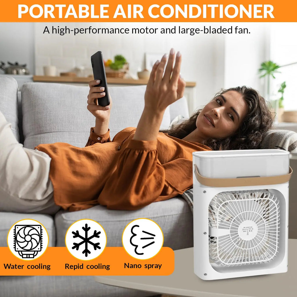 Woman using a portable air conditioner with features highlighted on an orange banner.