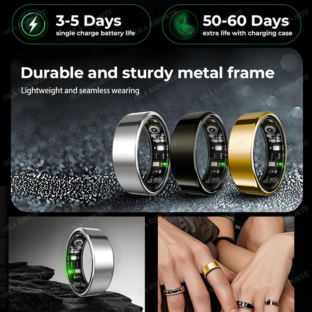 Three metallic rings in silver, black, and gold with text about battery life and durability.