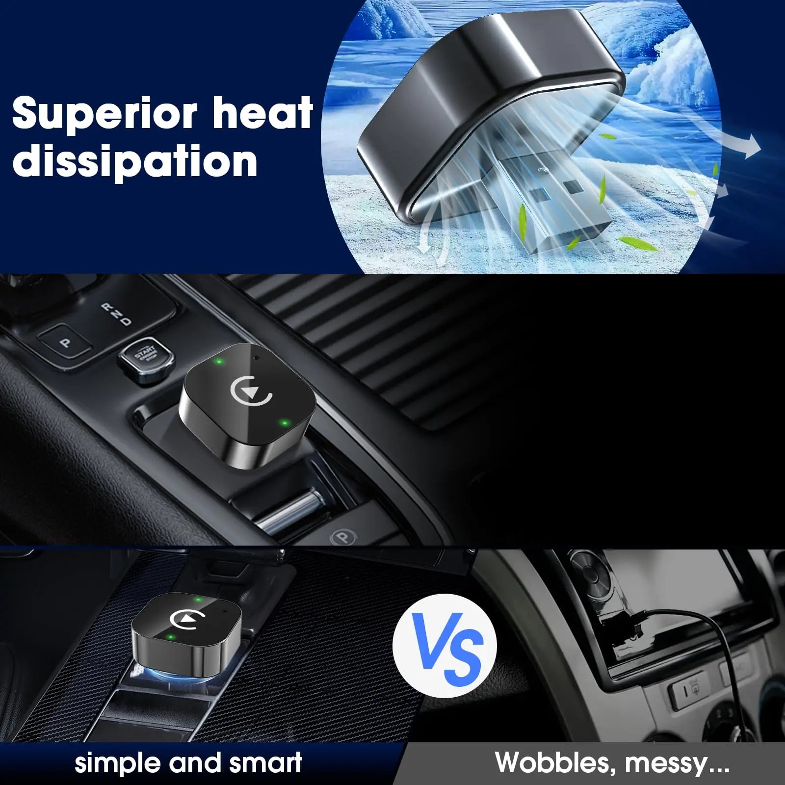 Car air vent with heat dissipation feature and comparison text.