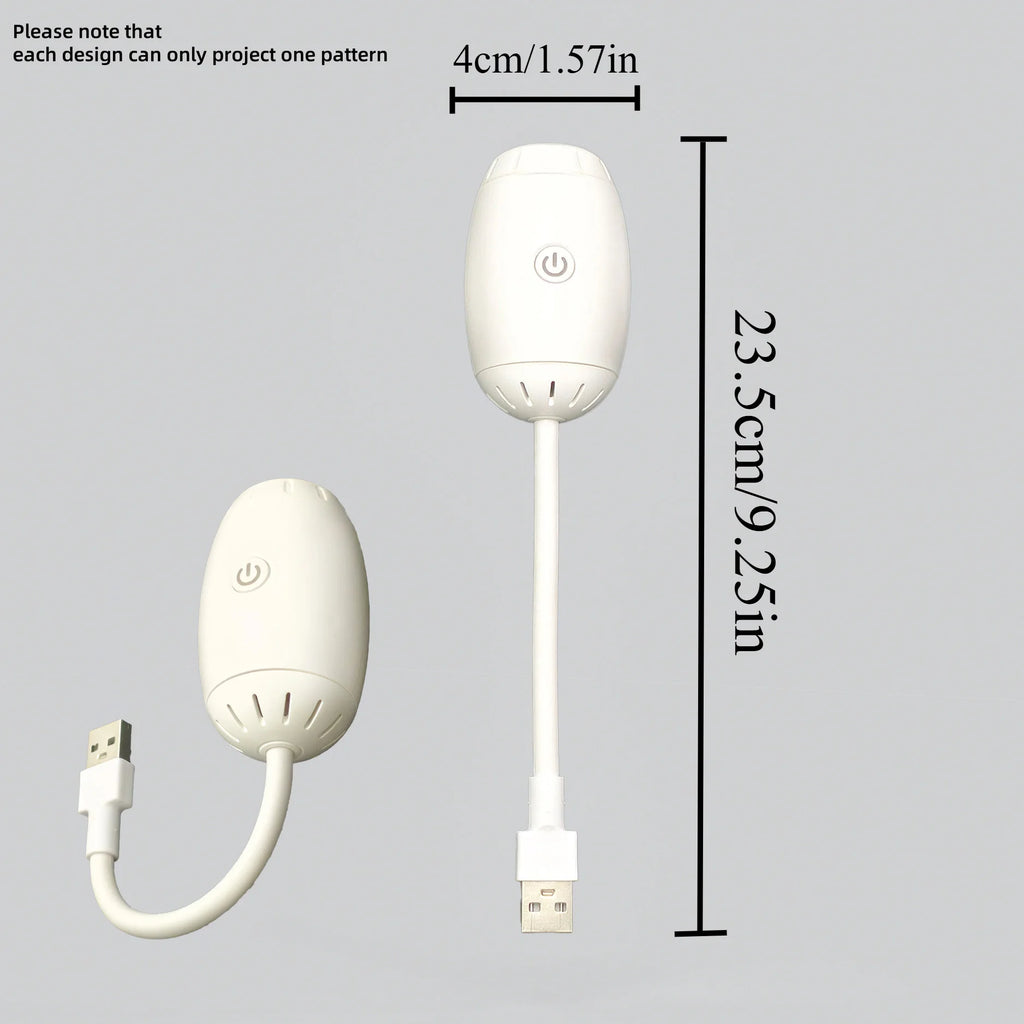 White electronic device with USB cable and measurements on a gray background