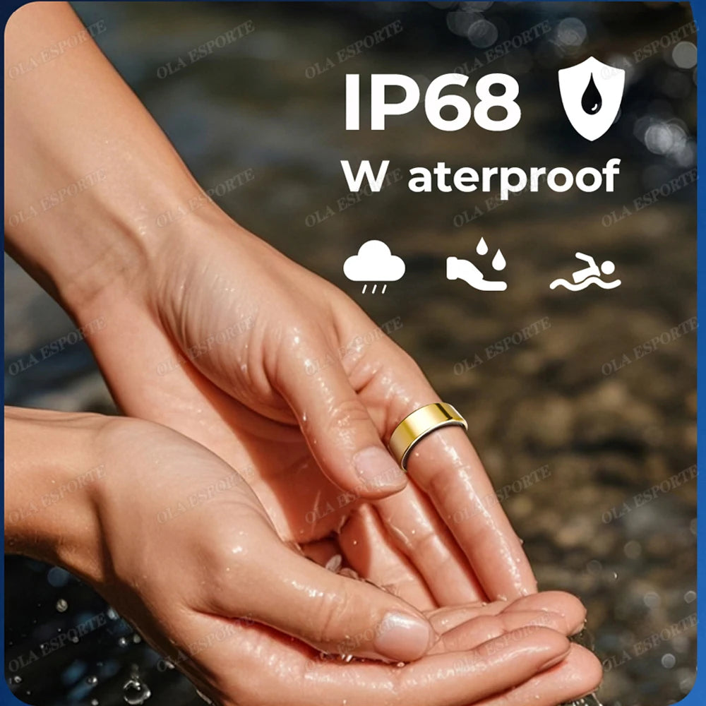 Hands with a gold ring holding water, with IP68 waterproof rating icons above.