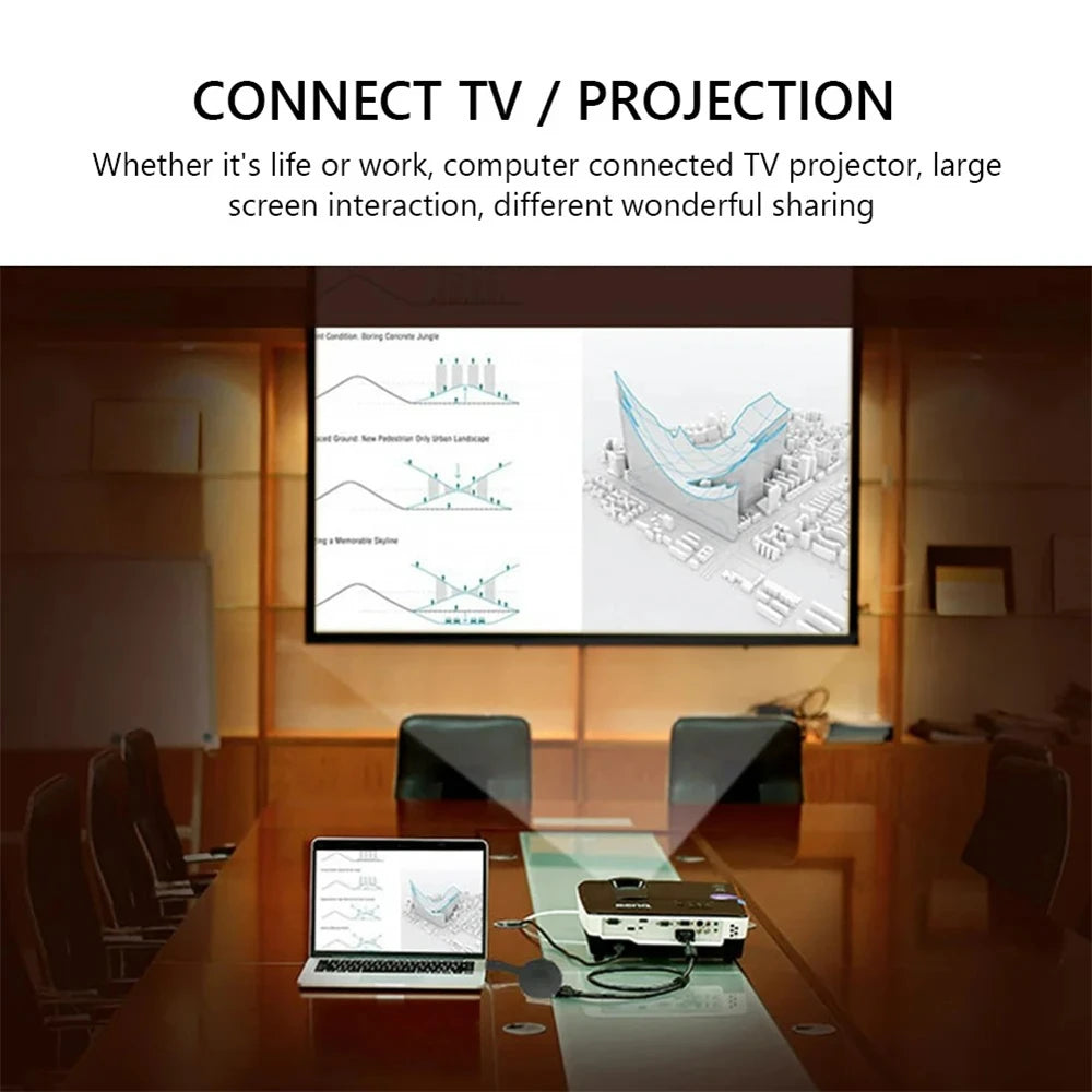 Conference room with a large screen displaying a presentation, connected TV/projector setup.