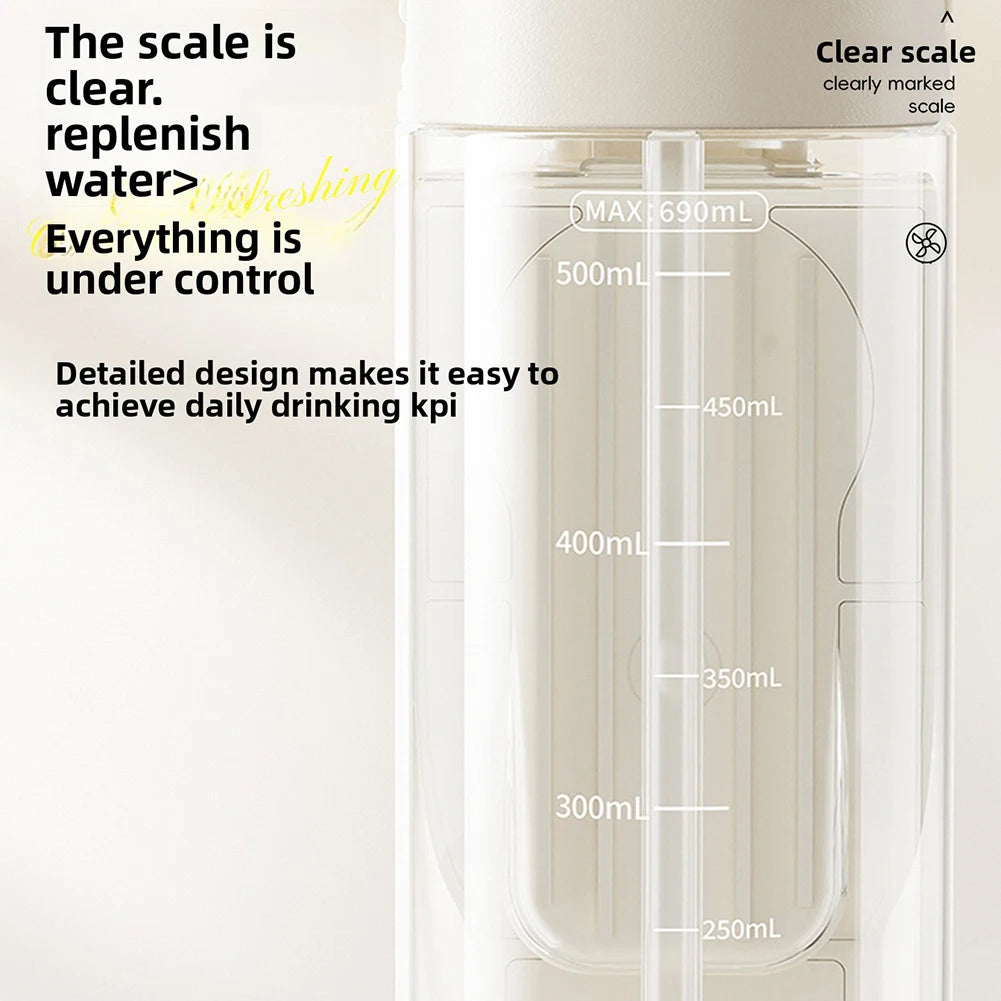 Clear water bottle with measurement markings and text about water replenishment and control.