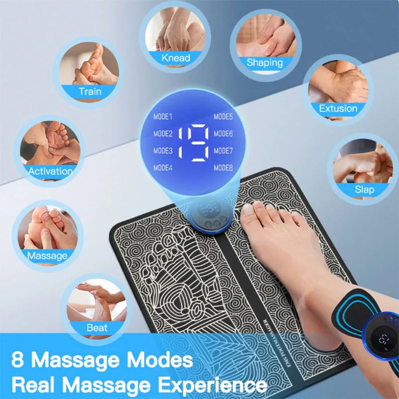 Massage mat with digital display and massage modes on a light blue background