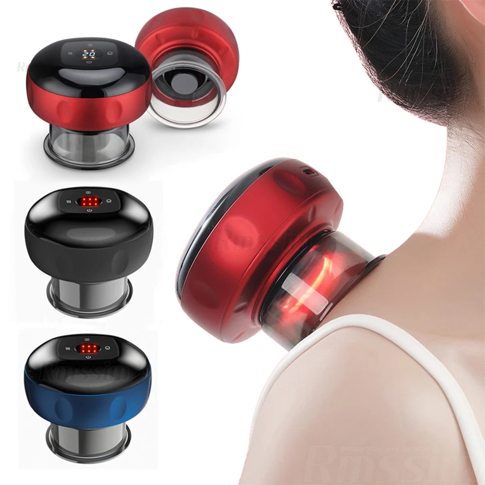 Red and black handheld massager device with visible LED display on a white background.