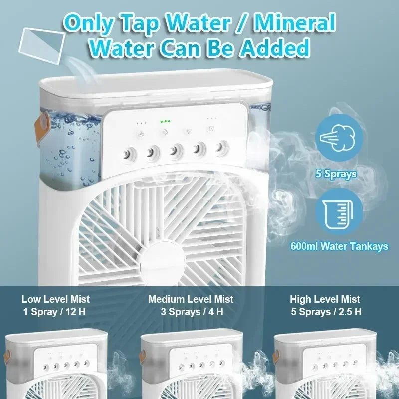 White air humidifier with water tank and spray settings on a blue background