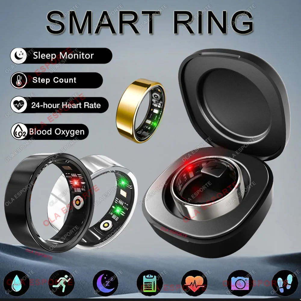Smart ring with various features and a charging dock on a gradient background