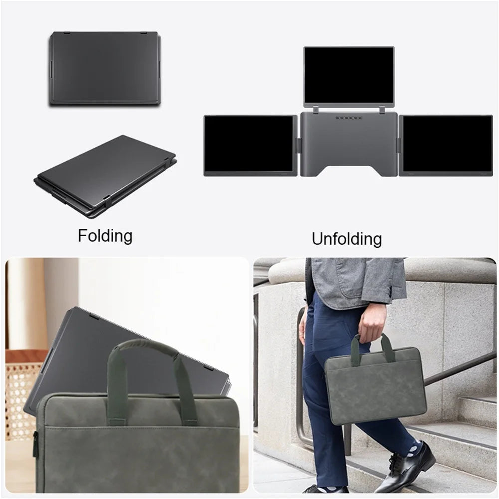 Collage showing a laptop folding and unfolding, with a person holding a gray laptop bag.
