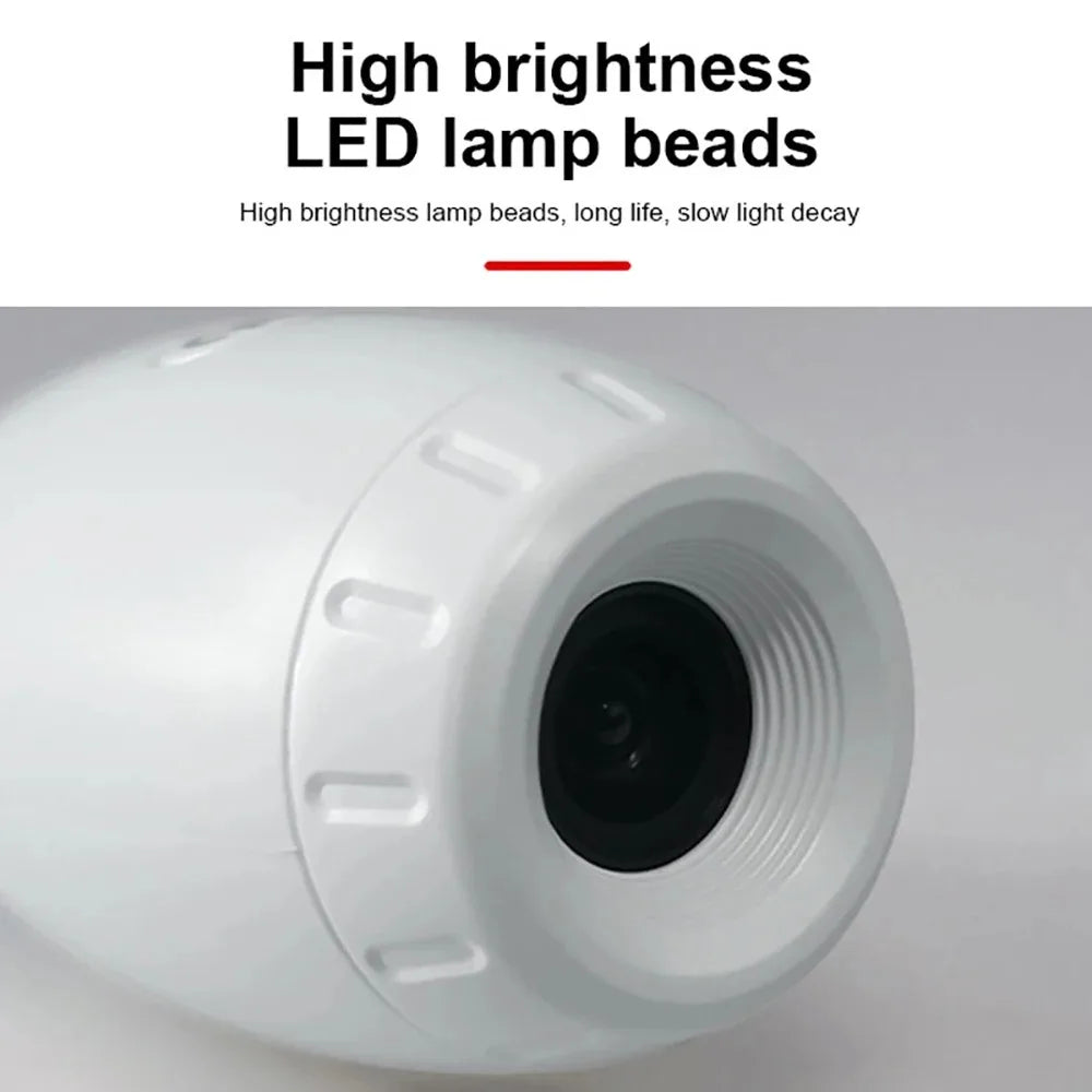 Close-up of a white LED lamp with text highlighting high brightness LED lamp beads.