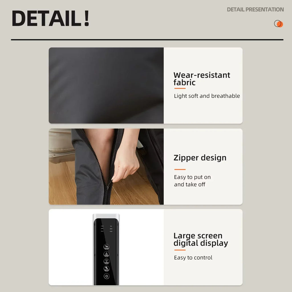 Product detail page with features like wear-resistant fabric, zipper design, and large screen digital display.