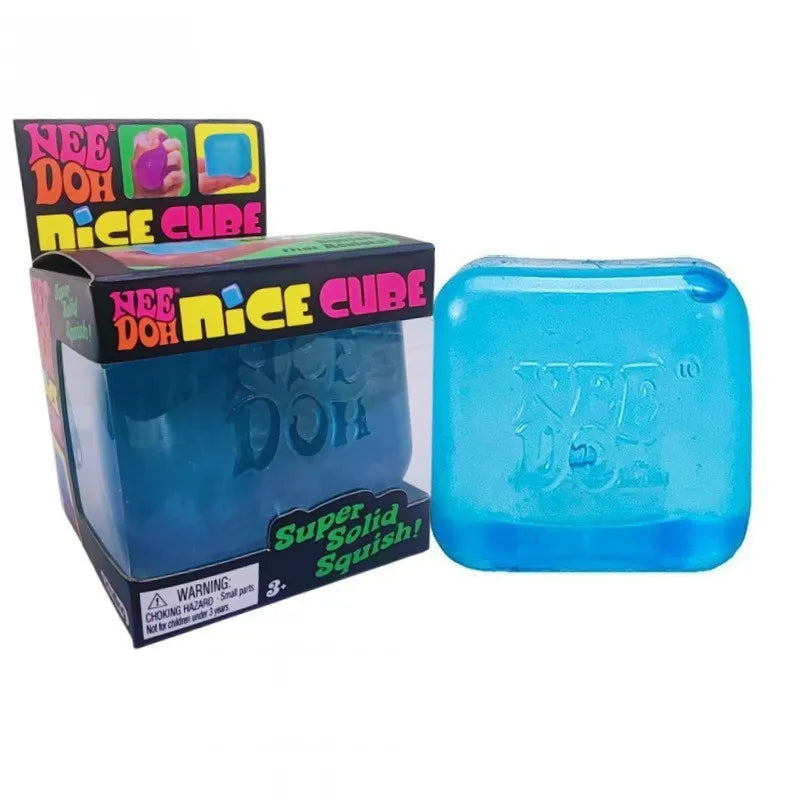 Blue 'Nee Doh Nice Cube' toy next to its packaging on a white background
