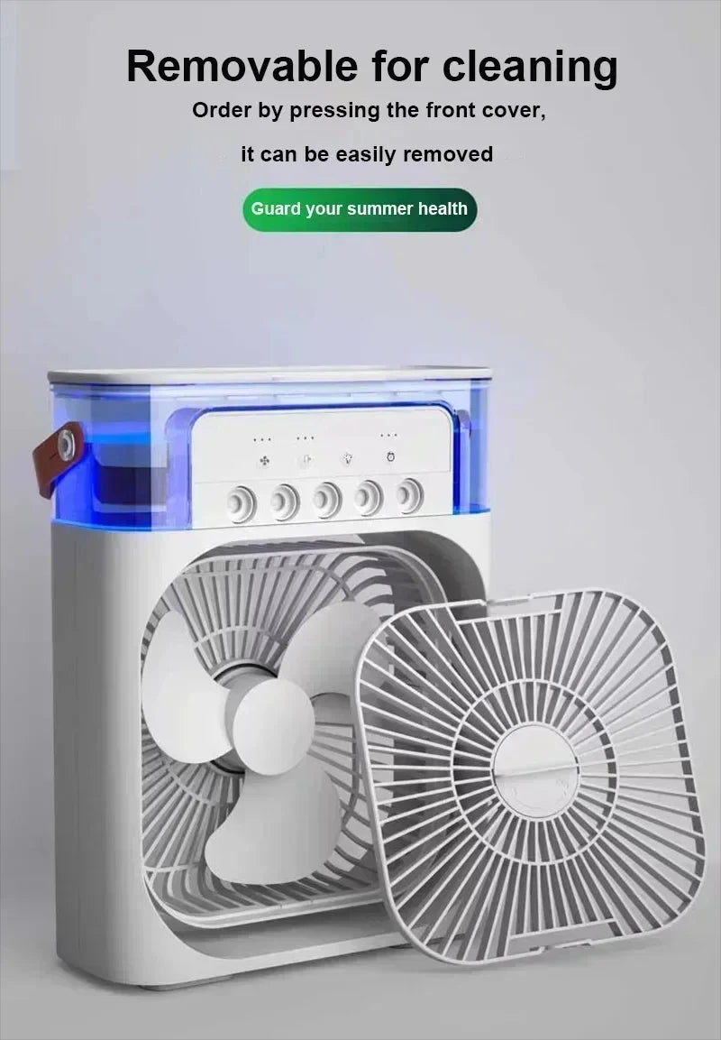 Portable fan with removable front cover for cleaning, on a light gray background.
