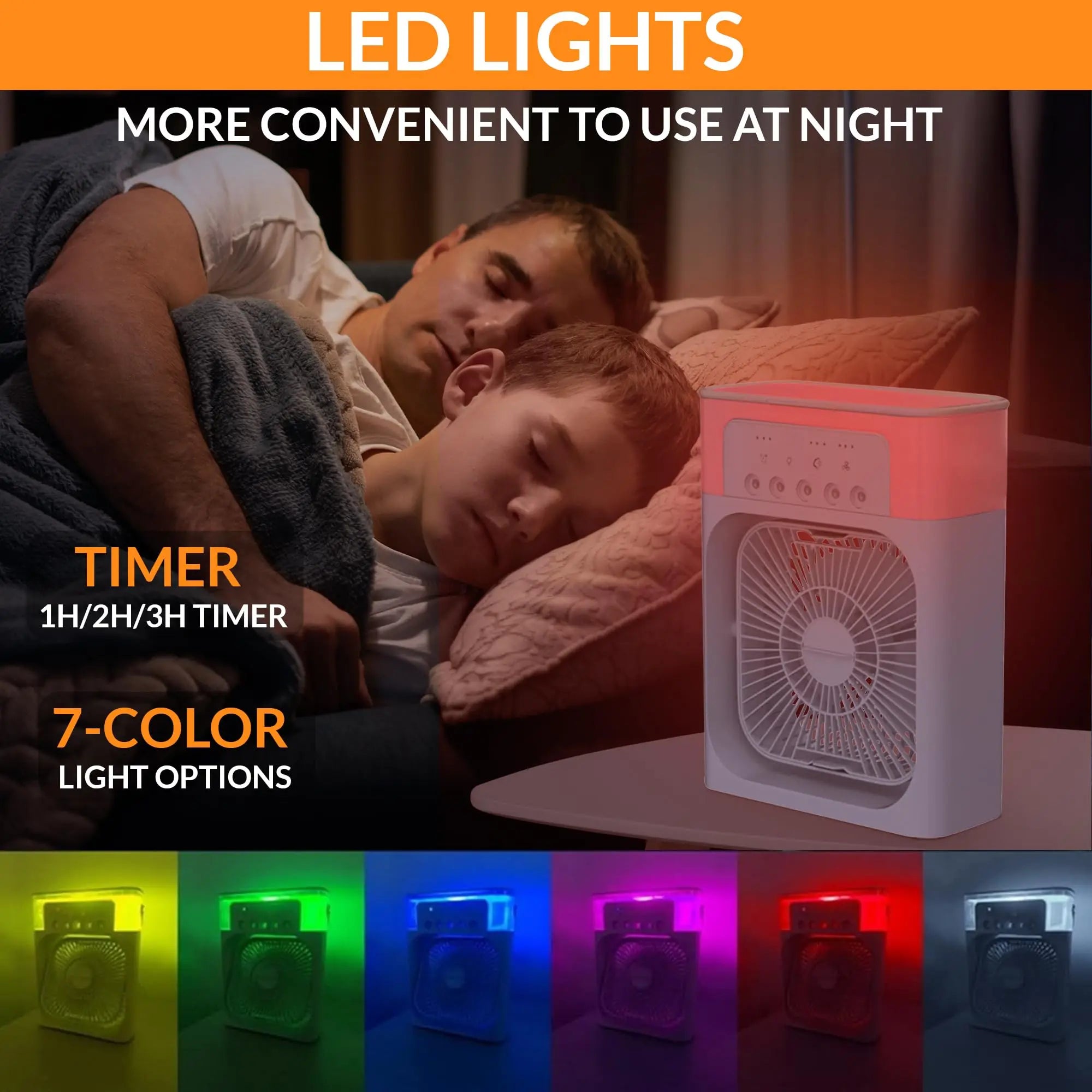 LED night light with 7-color options and timer feature, shown with a couple lying down.