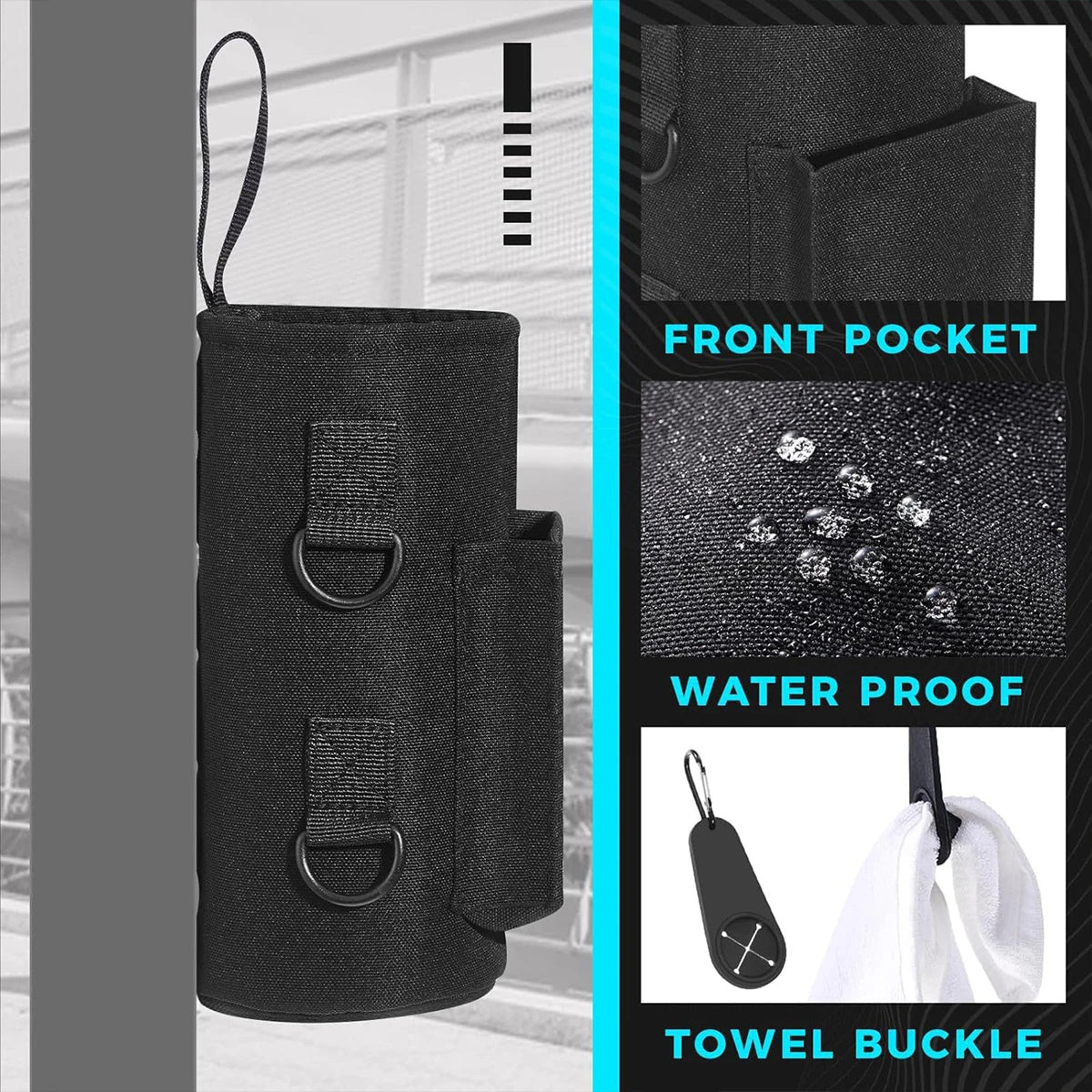 Black tactical pouch with features highlighted on a gray background