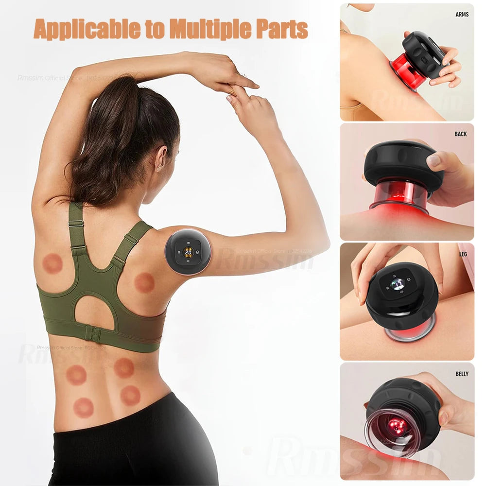 Woman using a massage device on her arm with close-up shots of the device on different parts of the body.