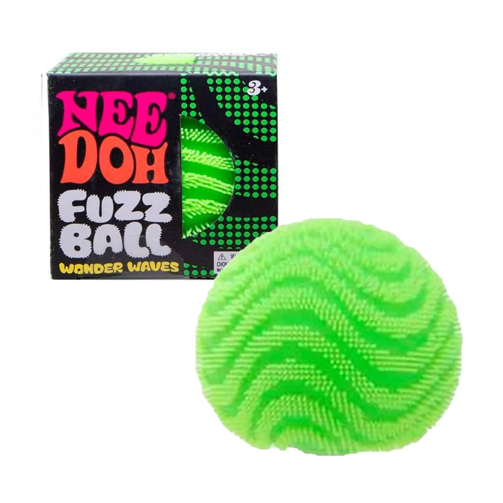 Green fuzz ball with 'Nee Doh' packaging on a white background